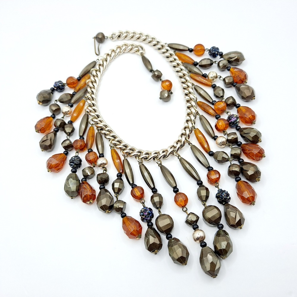Vintage Western Germany Necklace Beaded Bib Honey Brown Cascade Dangle Statement